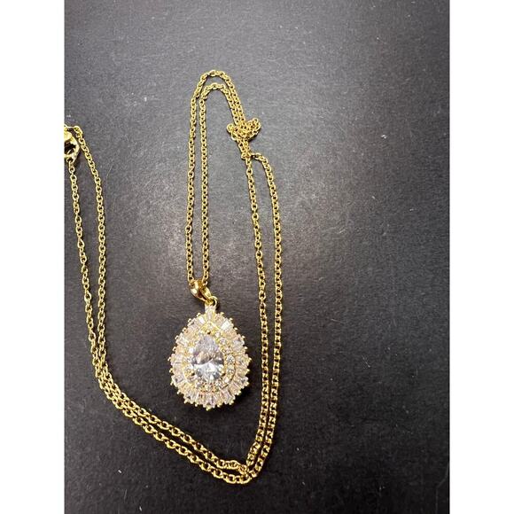 CZ teardrop ygp over 925  pendant with ygp over stainless steel chain necklace - Picture 5 of 11